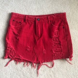 Distressed red mini skirt